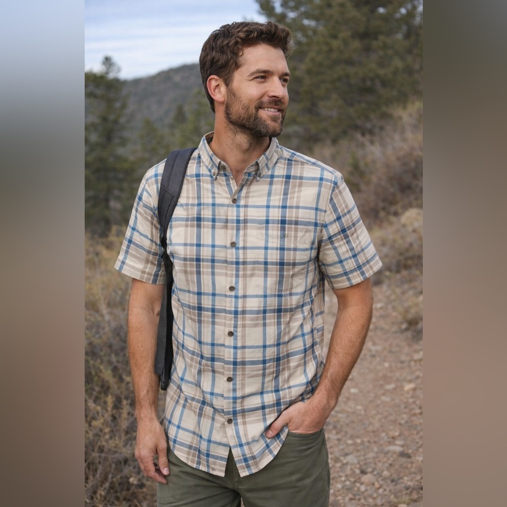 prAna Granger Plaid Short Sleeve Button Down Medium Blue Tan Performance Shirt